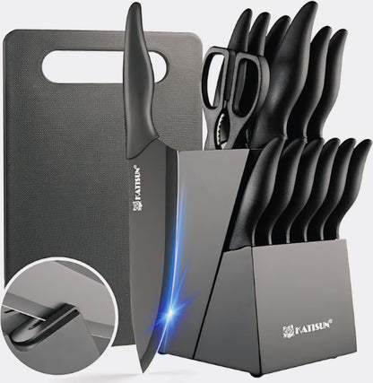 Prestige Forge™ 16-Piece German Stainless Steel Knife Block Set with Cutting Board & Built-In Sharpener