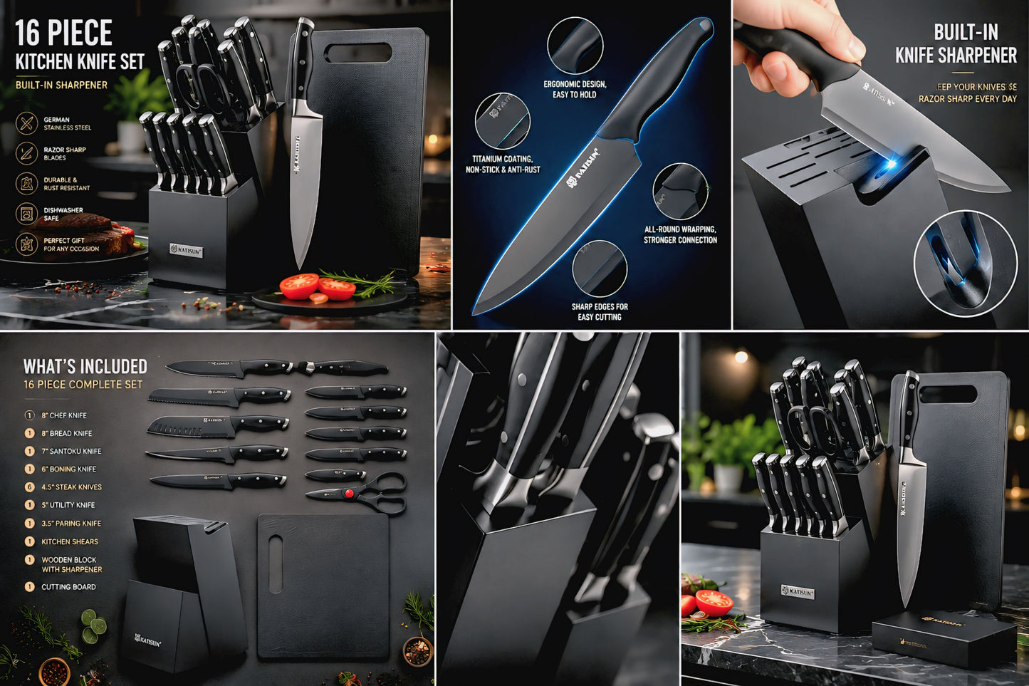 Prestige Forge™ 16-Piece German Stainless Steel Knife Block Set with Cutting Board & Built-In Sharpener