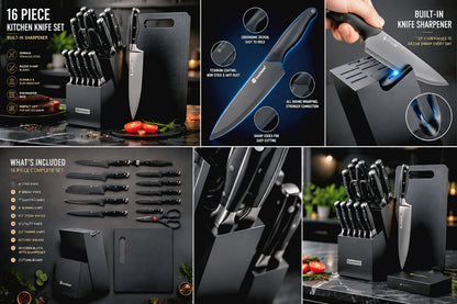 Prestige Forge™ 16-Piece German Stainless Steel Knife Block Set with Cutting Board & Built-In Sharpener