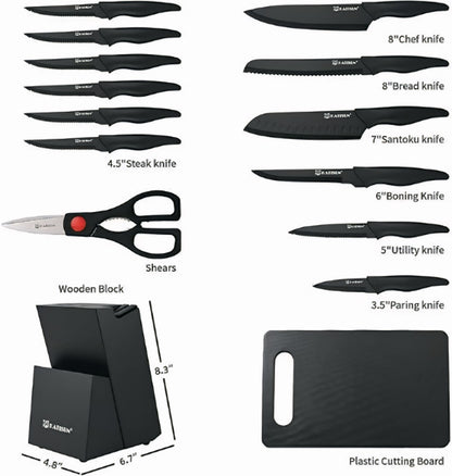 Prestige Forge™ 16-Piece German Stainless Steel Knife Block Set with Cutting Board & Built-In Sharpener